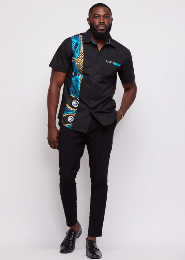 Tumelo Men's Applique Button-Up Shirt (Black/Sky Blue Flowers) -Clearance