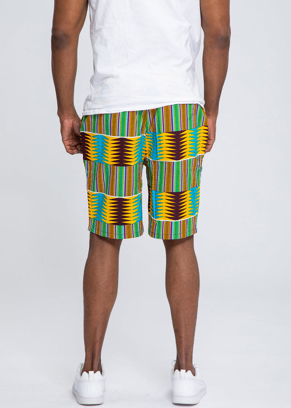 Debare Men's African Print Shorts (Turquoise Yellow Kente-Clearance