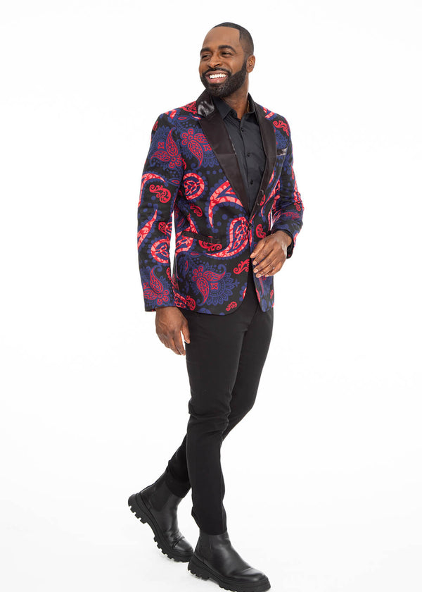 Enofe Men's African Print Blazer (Black/Black Maroon Paisley)