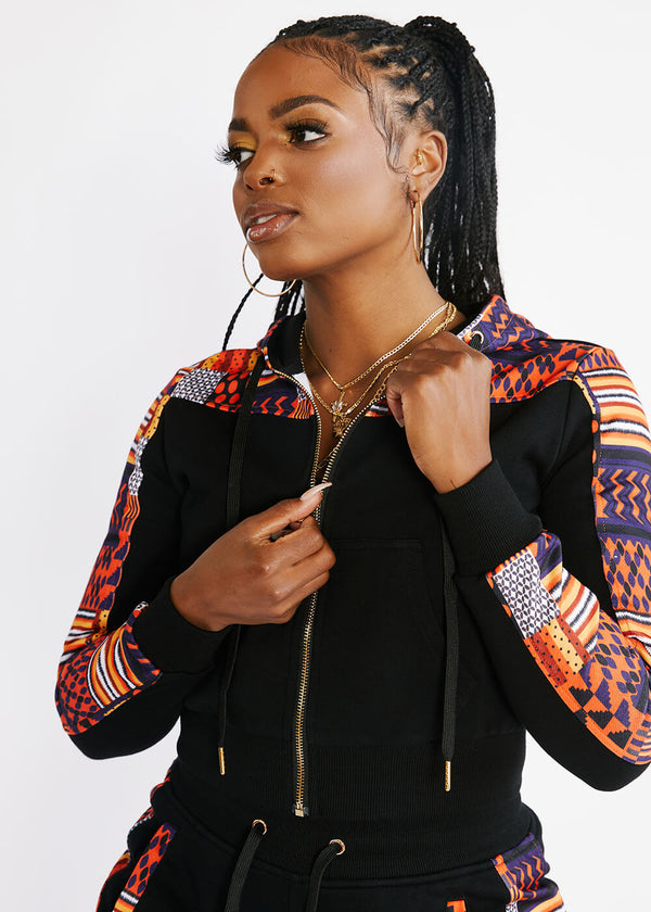 Mojuta Women's African Print Color-Blocked Zip-Up Hoodie (Black/Orange Navy Kente)