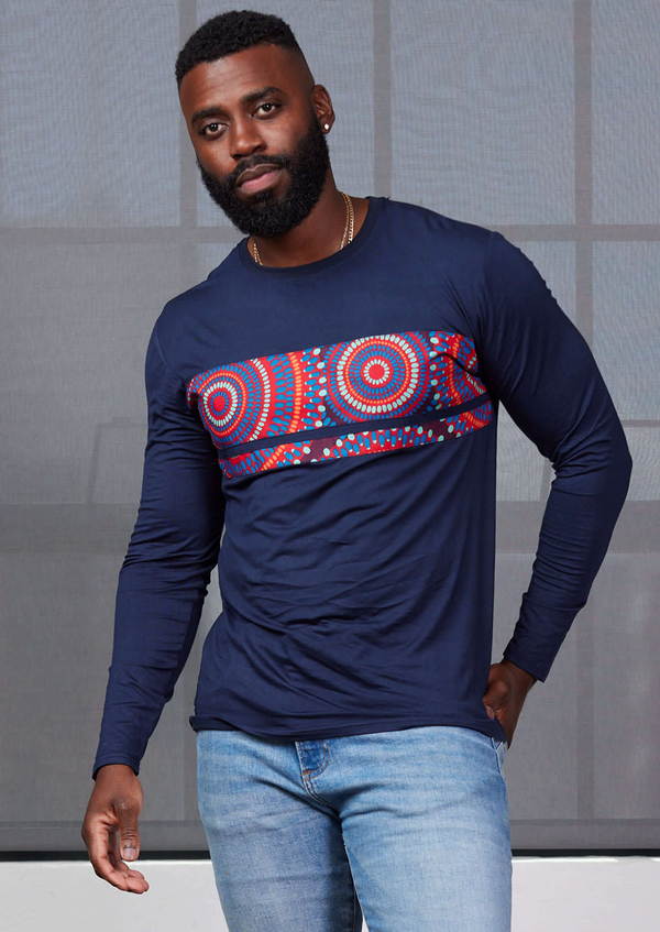 Ore Men's African Print Long Sleeve T-shirt (Navy/Red Indigo Circles)