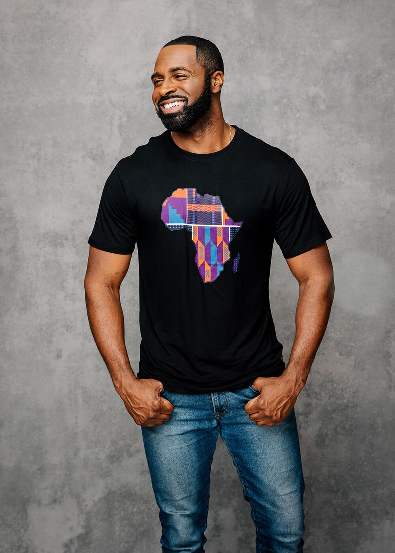 Kirabo Men's African Print Africa Map T-shirt (Black/Purple Navy Kente)