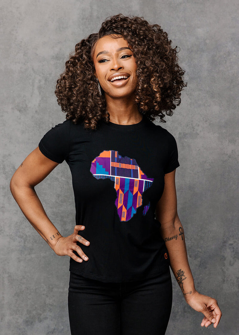 Farai Women's African Print Africa Map T-shirt (Black/Purple Navy Kente)