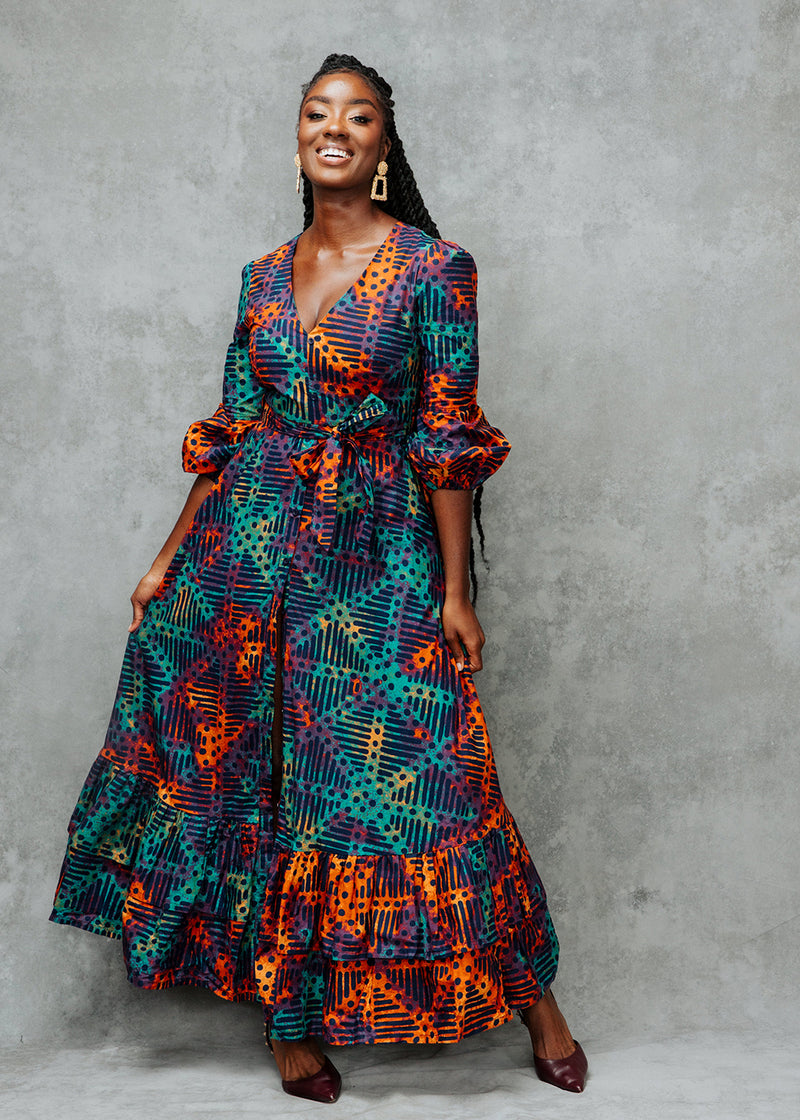 Zendaya Women's African Print Maxi Dress (Jade Amber Adire)