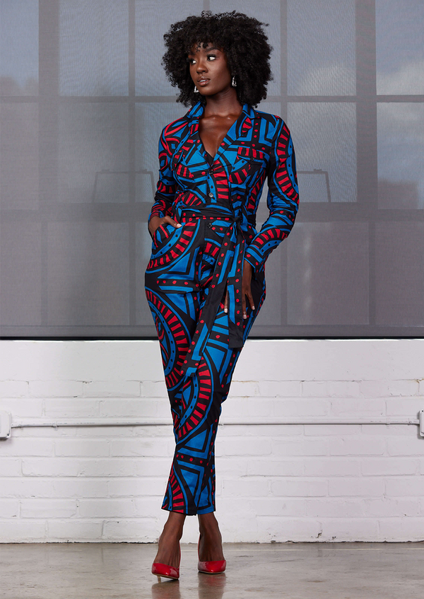 Shoyebi Women's African Print Jumpsuit (Blue Red Tiles)