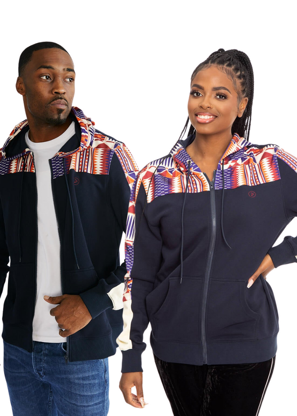 Tumo Unisex African Print Color-Blocked Zip-Up Hoodie (Navy/ Cream Maroon Kente)