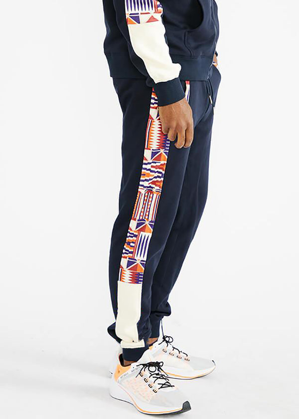 Faraji Men's African Print Color-Blocked Joggers (Navy/Cream Maroon Kente)