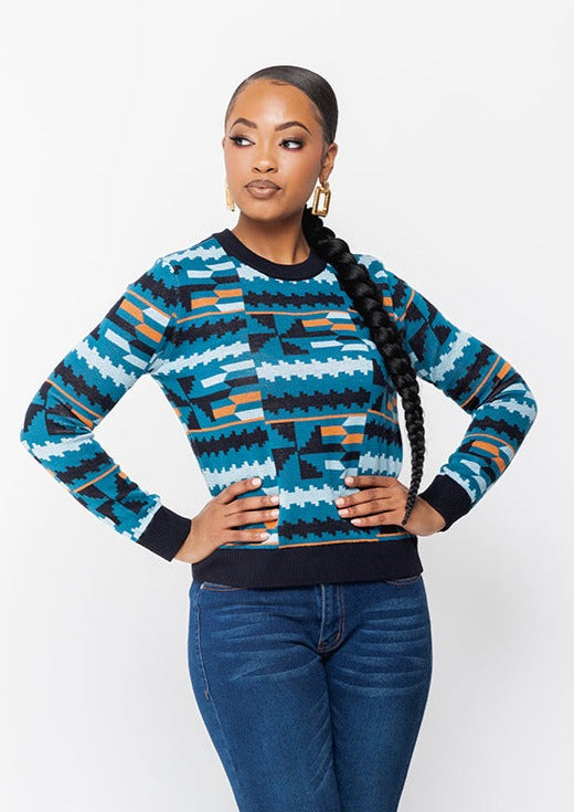 Abani Women's African Print Sweater (Teal Kente) - Clearance