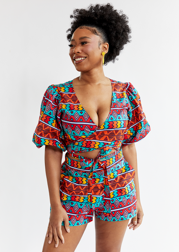 Shanina Women's African Print Tie Top (Rainbow Tribal) - Clearance