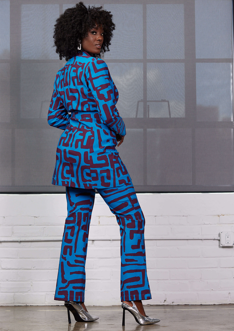 Aniq Women's African Print Stretch Blazer Dress (Fig Blue Geometric)