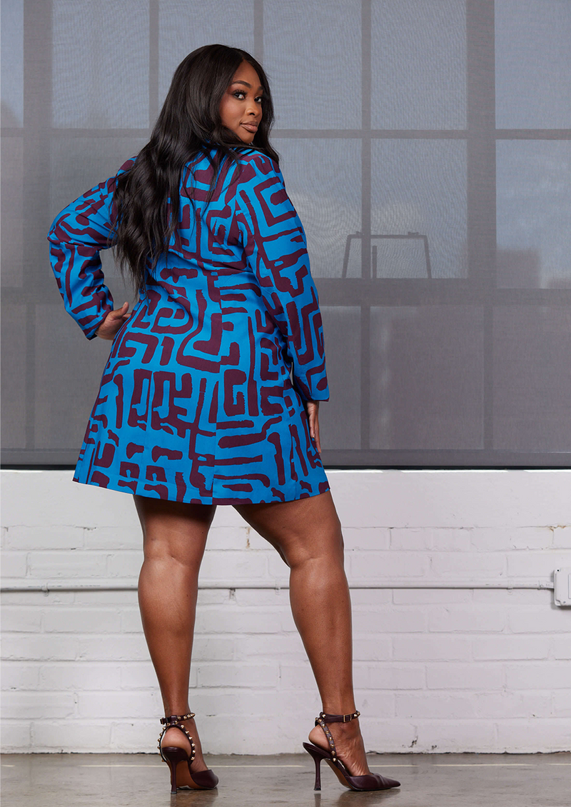Aniq Women's African Print Stretch Blazer Dress (Fig Blue Geometric)