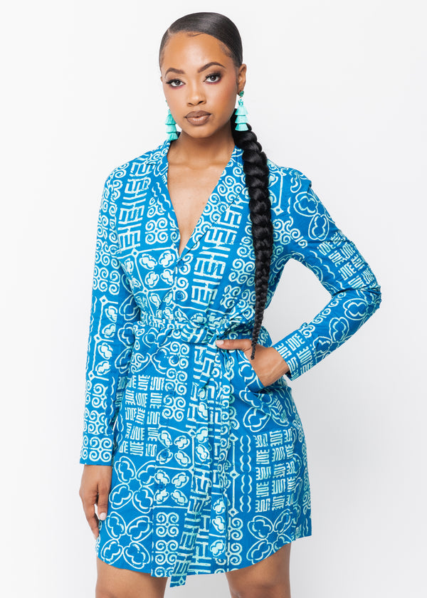 Aniyah Women's African Print Button-Up Shirt Dress (Cool Blue Adire) - Clearance