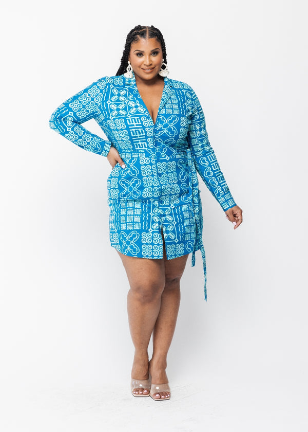 Aniyah Women's African Print Button-Up Shirt Dress (Cool Blue Adire) - Clearance