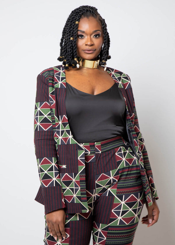 Farjana Women's African Print Stretch Woven Blazer (Black Red Kente)