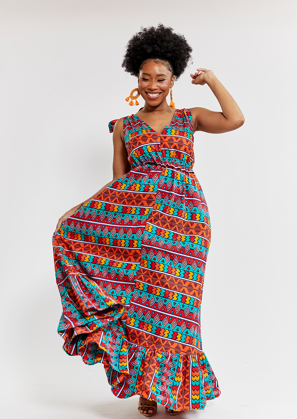 Kulale Women's African Print Maxi Dress (Rainbow Tribal) - Clearance