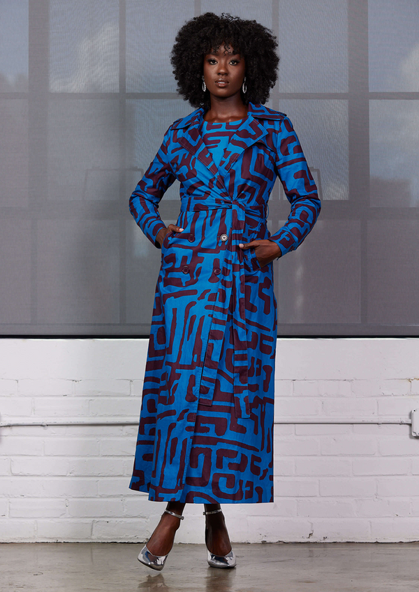 Taraji Women's African Print Trench Coat (Fig Blue Geometric)