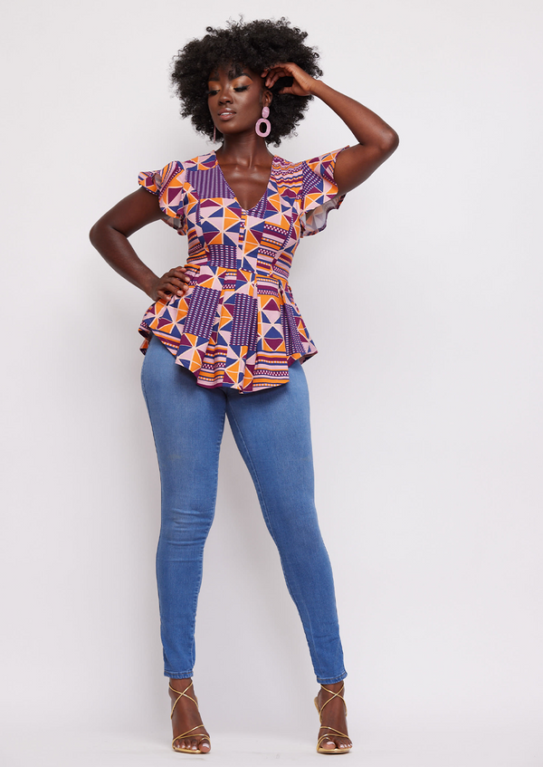 Zera Women's African Print Stretch Peplum Top (Orange Purple Kente)
