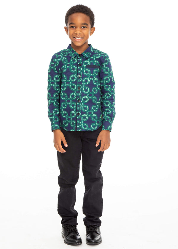 Kioko Boy's African Print Button-Up Shirt (Green Adinkra)- Clearance
