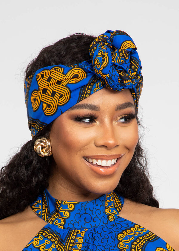 African Print Head Wrap/Scarf (Gold Blue Motif) - Clearance