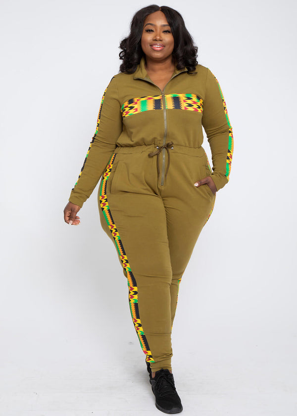Imuna Women's African Print Color Blocked Zip-Up Jumpsuit (Olive Green/Gold Maroon Kente) - Clearance