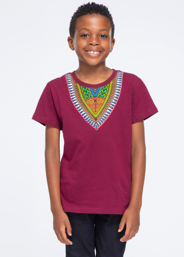 Kid's African Print Dashiki T-Shirt (Deep Maroon)