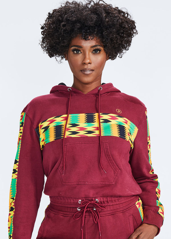 Sare Women's African Print Color Blocked Crop Hoodie (Maroon/ Gold Maroon Kente) - Clearance