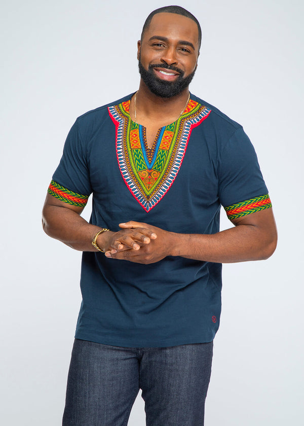 Men's African Print Dashiki T-Shirt (Navy)