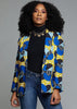 Tops - Uche African Print Shawl Collar Long Blazer (Blue Bubbles On Yellow)