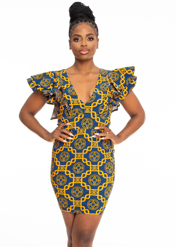 Hanuni Women's African Print Stretch Ruffle Dress (Blue Gold Adinkra) -Clearance