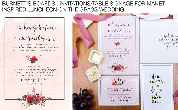 Manet-inspired Wedding Invitations and Table Signage Hand-Painted by artist Mari Orr for Tulip + Rose Photography