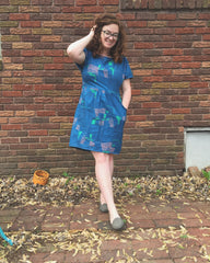 Kelly Crowley of Bake Simple wearing a Fen Dress by Grainline Studios in Carolyn Frieldander Fabric - Maker Spotlight - Sew Very Modern an Owl & Drum blog
