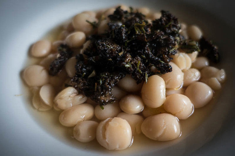 Rancho Gordo Alubia Blanca heirloom beans in Alubia Blanca and Morels Recipe