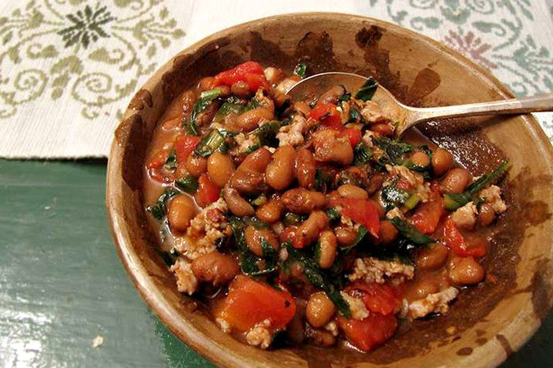 Rancho Gordo Beans with Dandelion Greens, Roasted Tomatoes and Italian Sausage