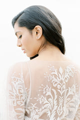 Illusion embroidered lace wedding gown made in Vancouver. Shop Wedding Dresses
