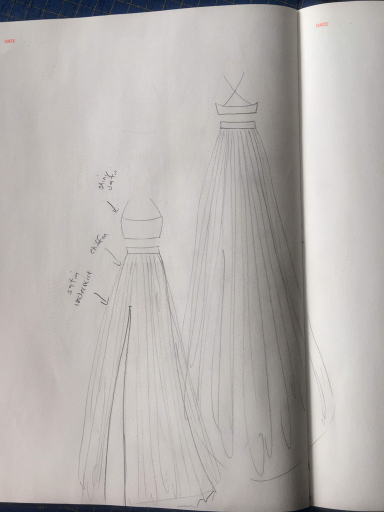 Sketch of custom wedding dress by Vancouver bridal designer Elika In Love.