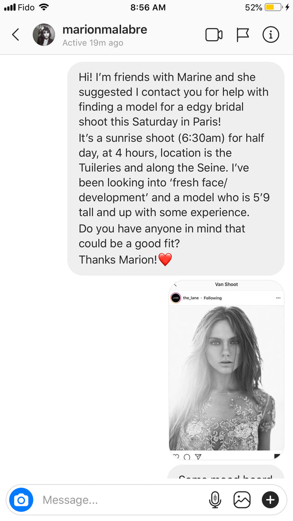 Instagram messages between Hrissa, designer of Elika In Love, and contacts in Paris.
