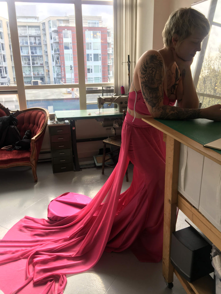 Vancouver bride having a fitting wearing her two piece pink wedding dress by Elika In Love.