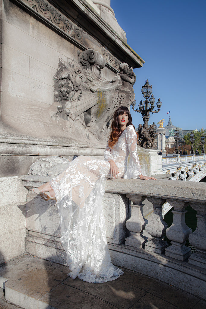 Get married in Paris in an Elika In Love backless lace  wedding dress!