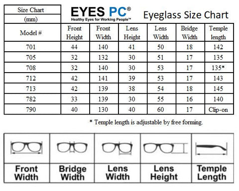 Blue Light Blocking Eyeglass Size Chart