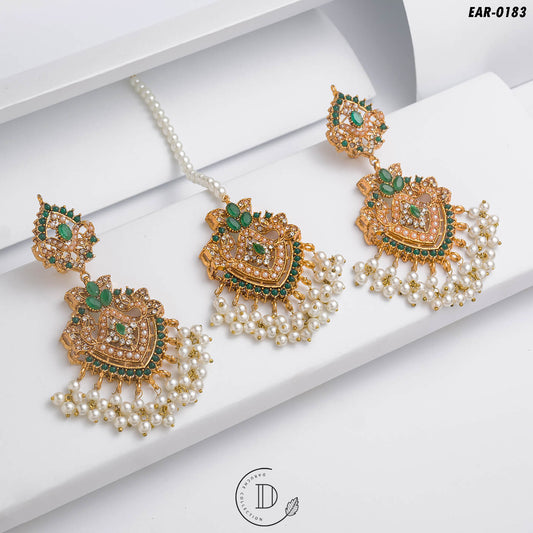 Exclusive Gold Plated Green Earrings & TIkka