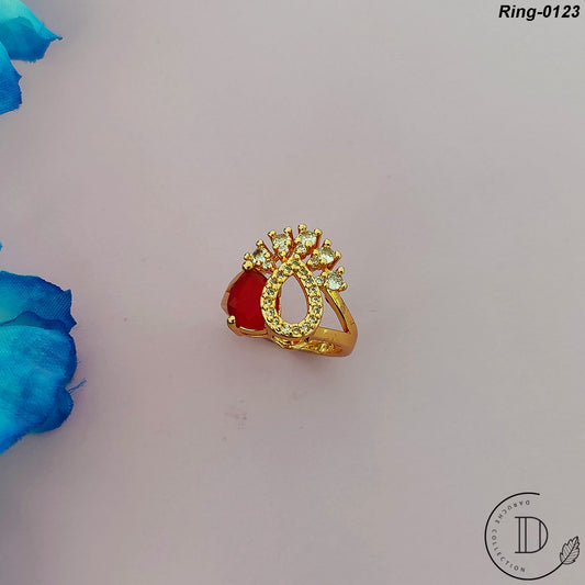 Gold Plated Maroon & White Cubic Zircon Stone Adjustable Finger Ring