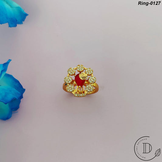 Gold Plated Maroon & White Cubic Zircon Stone Adjustable Finger Ring