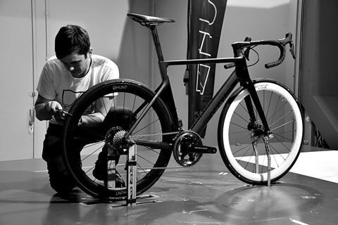 Hunt Co-founder Pete, getting the bike ready for the wind tunnel test