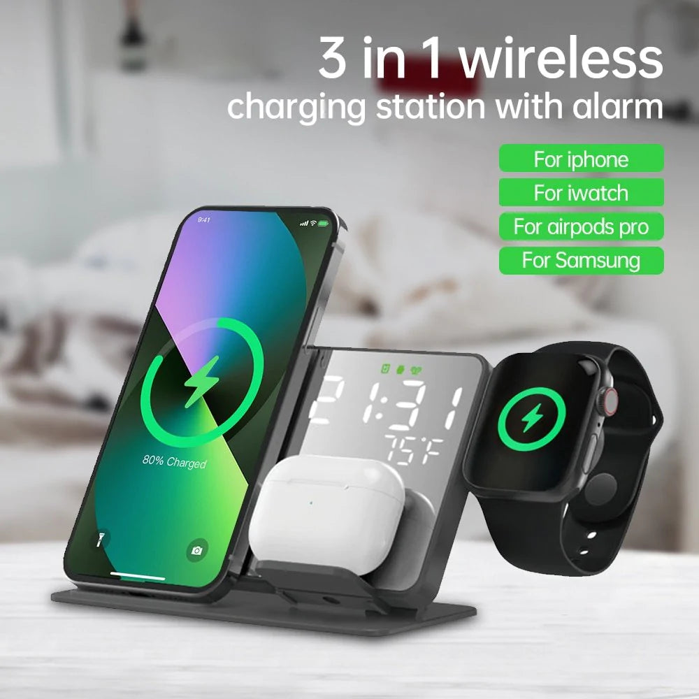 3 In 1 Wireless Apple Iphone Watch Charging Station Alarm Clock