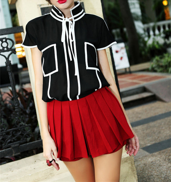 European Style Chiffon Short Sleeve Stand Up Collar Black White Shirt / Blouse