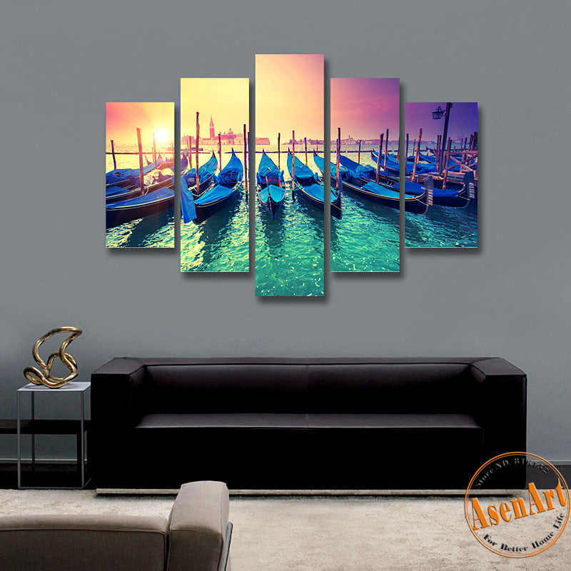 5 Piece Wall Art Yacht Harbor Boat Painting Canvas Prints Artwork Mode Ellaseal