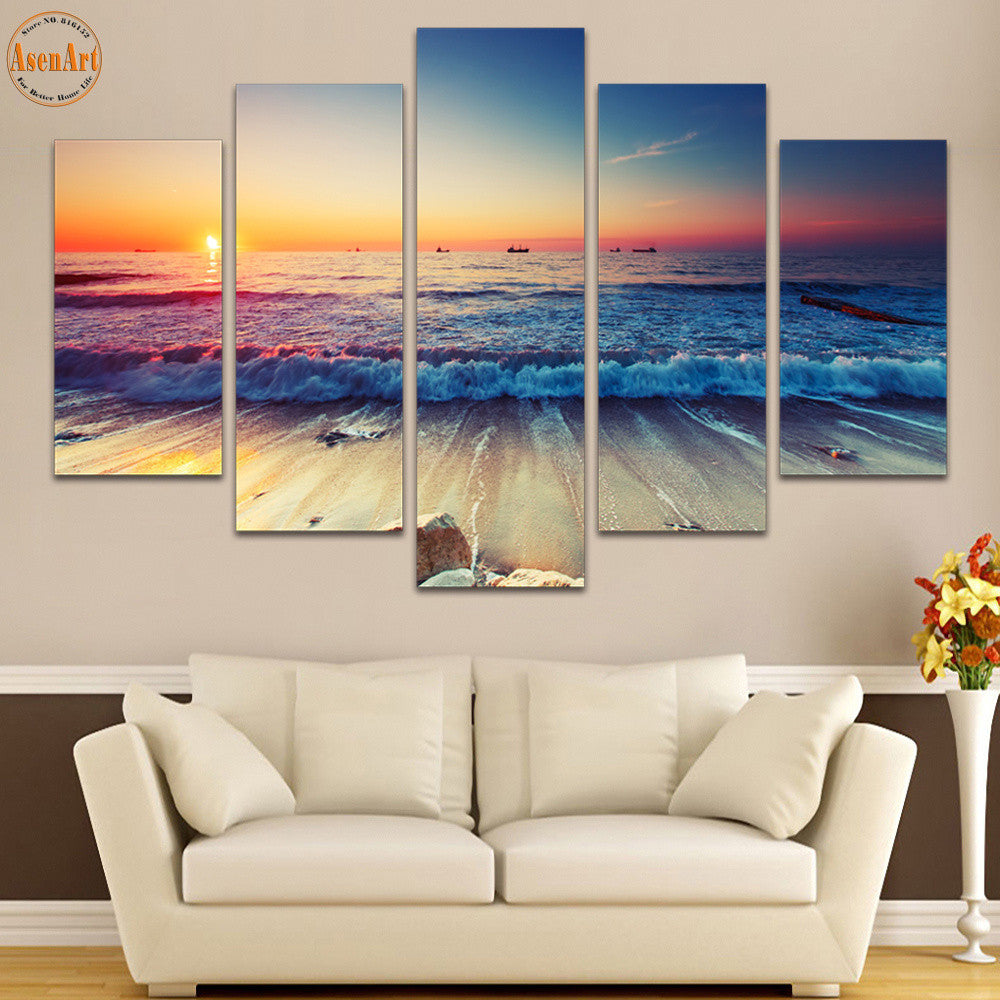 5 Panel Wall Art Seaside Landscape Painting Sunset Seascape Canvas Pri Ellaseal