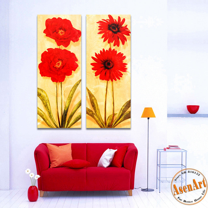 2 Panel Vintage Red Flowers Painting Wall Pictures For Living Room Hom Ellaseal