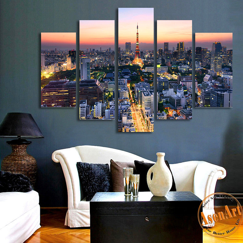 5 Panel Wall Art Japan Tokyo Tower City Landscape Painting Canvas Prin Ellaseal