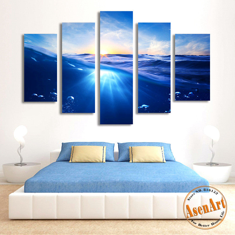 5 Panel Painting Sunrise Blue Sea Canvas Painting Seascape Picture For Ellaseal